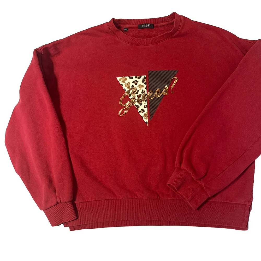 Y2K GUESS Jeans Red Leopard, Gold Logo  Sweatshirt Women' SZ-  Med !